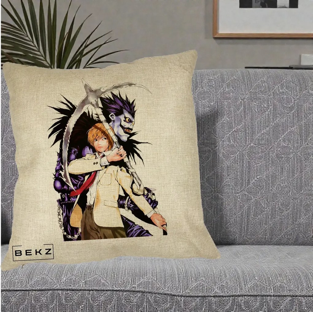 Perna Personalizata Death Note Light si Ryuk Duo, 40x40 cm, Crem, Husa Detasabila, Perna Inclusa, BEKZ®
