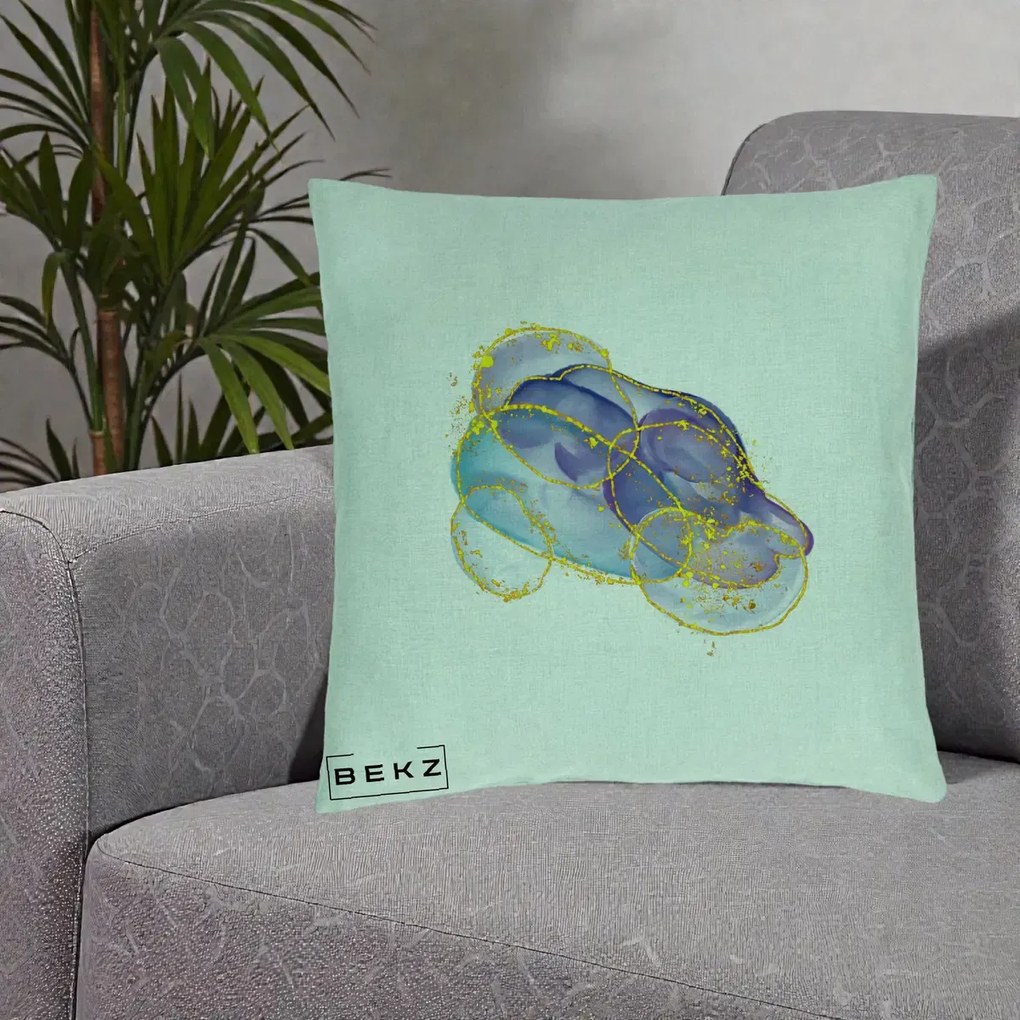 Perna Decorativa Abstract Acuarela Albastru-Mov cu Cercuri Aurii, 40x40 cm, Verde Menta, Husa Detasabila, Perna Inclusa, BEKZ®