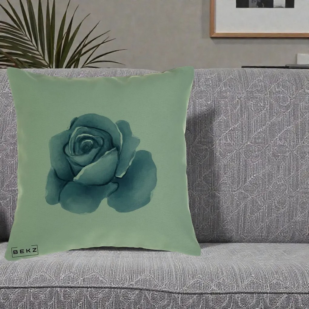Perna Decorativa Trandafir Albastru Acuarela, 40x40 cm, Verde, Husa Detasabila, Perna Inclusa, BEKZ®
