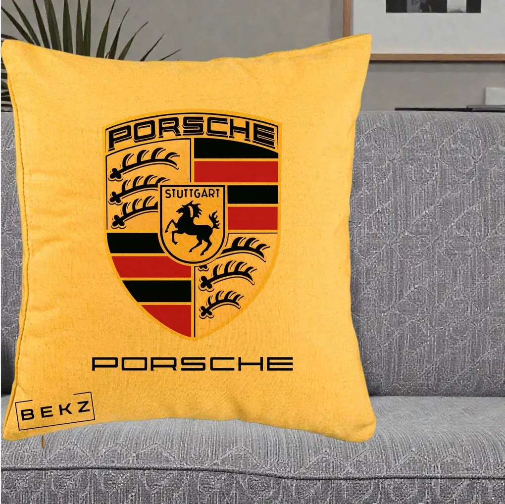 Perna Personalizata Porsche Stuttgart, 40x40 cm, Galben, Husa Detasabila, Perna Inclusa, BEKZ®