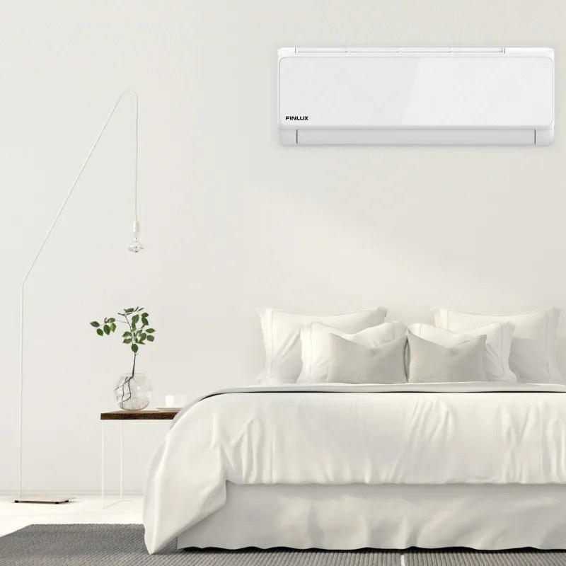 Aparat de aer conditionat inverter Finlux 24QUA58LIS, 24000 BTU, 55 m², A+++, Wi-Fi, Incalzire unitate exterioara, Filtru cu plasma, suflare 4D, Alb