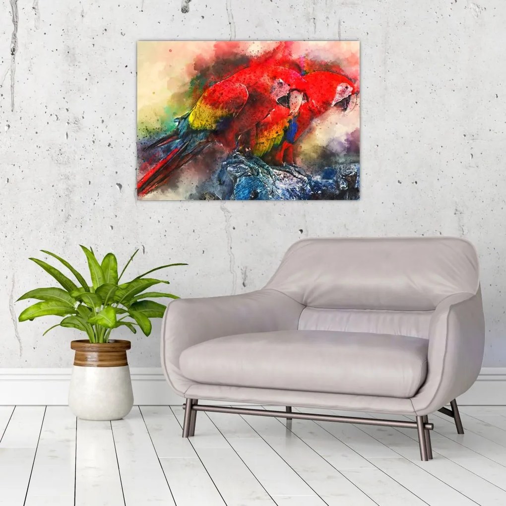Tablou pe sticlă - Papagali roșii ara (70x50 cm)