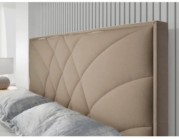 Pat tapițat GINA 160x200 cm, bej, cu saltele incluse și spațiu de depozitare