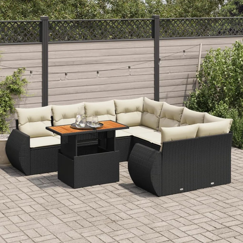 3327241 vidaXL Set mobilier de grădină cu perne, 9 piese, negru, poliratan