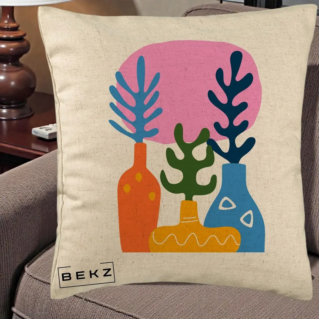 Perna Decorativa Vaze Botanice Abstract, 40x40 cm, Bej, Husa Detasabila, Perna Inclusa, BEKZ®