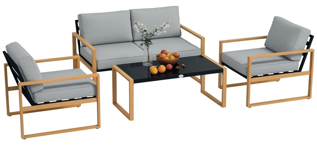 Outsunny Set Mobilier de Grădină din 4 Piese, cu Canapea de 2 Locuri, 2 Fotolii și Măsuță de Cafea, 123.5x75x73 cm, Gri | Aosom Romania