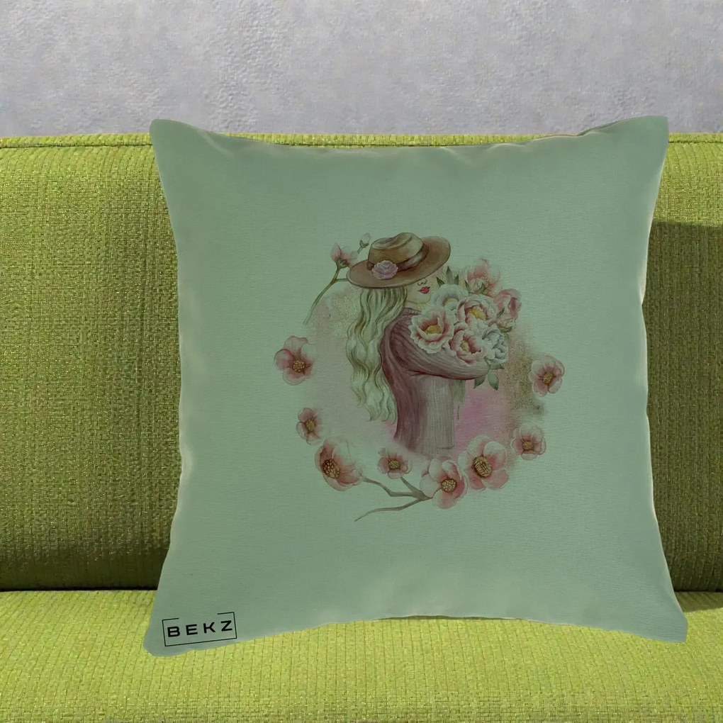 Perna Decorativa Femeie cu Flori Roz Acuarela, 40x40 cm, Verde, Husa Detasabila, Perna Inclusa, BEKZ®
