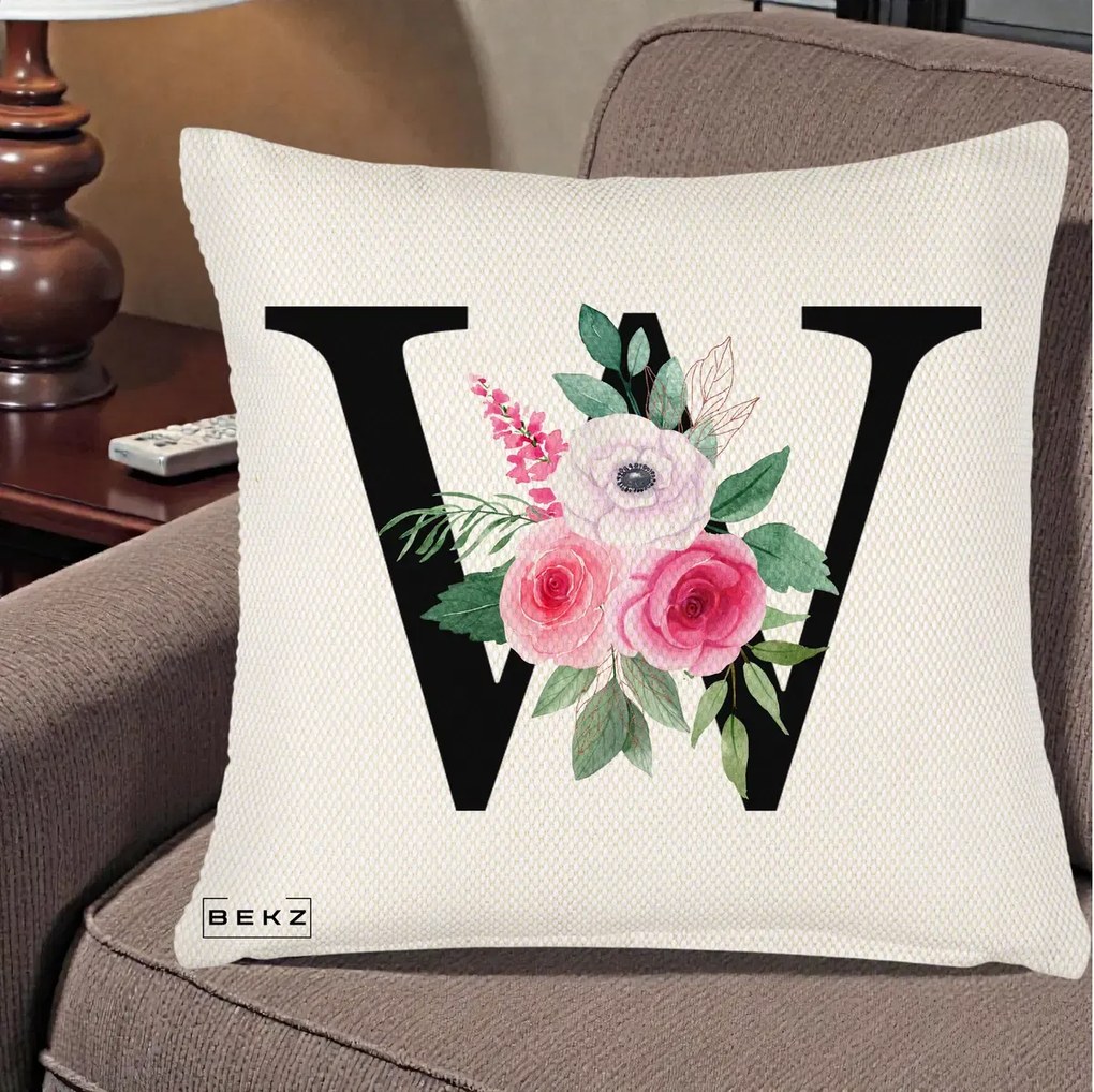 Cadou Personalizat - Perna Personalizata Monograma Florala Litera W cu Trandafiri si Anemona, 40x40 cm, Crem Reliefat, Husa Detasabila, Perna Inclusa, BEKZ®