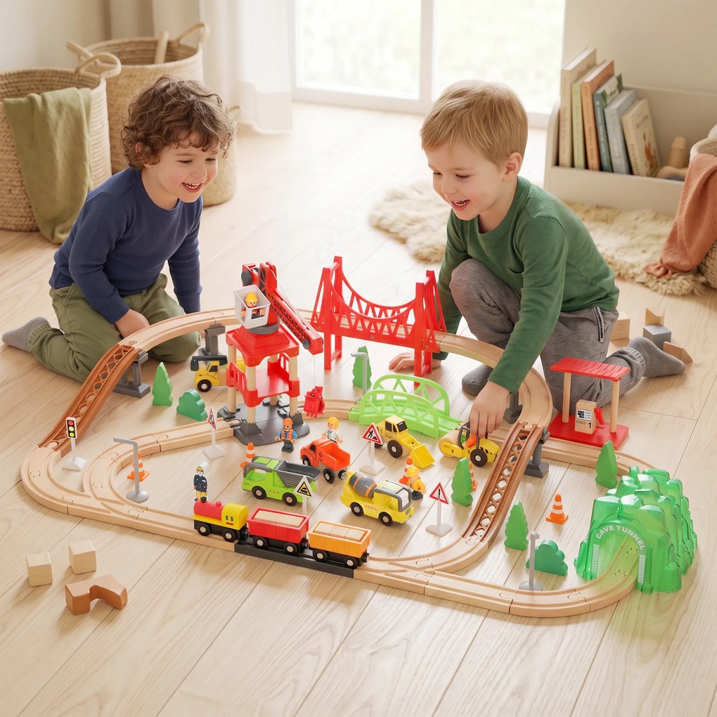 AIYAPLAY Trenuleț din lemn pentru copii 3+ ani, 91 piese, cu macara, șine, vehicule și figurine, multicolor | Aosom Romania