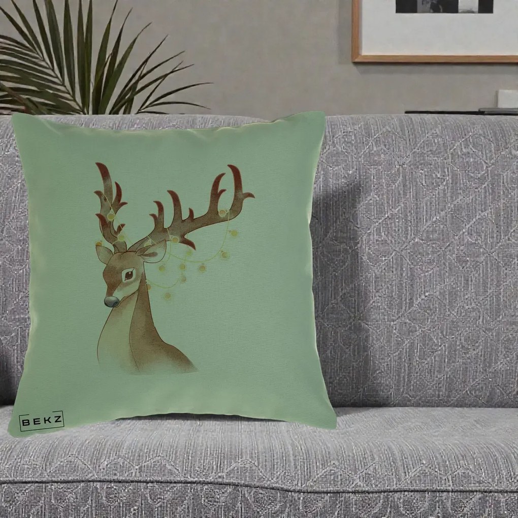 Perna Decorativa Ren cu Luminite de Craciun, 40x40 cm, Verde, Husa Detasabila, Perna Inclusa, BEKZ®