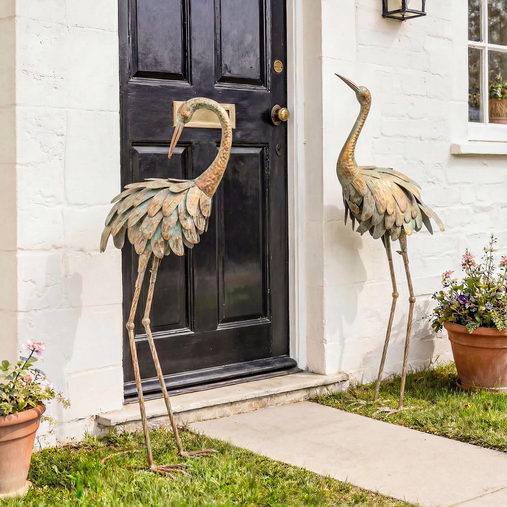 Outsunny Set de 2 statui de grădină, sculptură de stârc din metal, statui de păsări 91/95cm, pentru curte, iaz, terasă, auriu/albastru | Aosom Romania