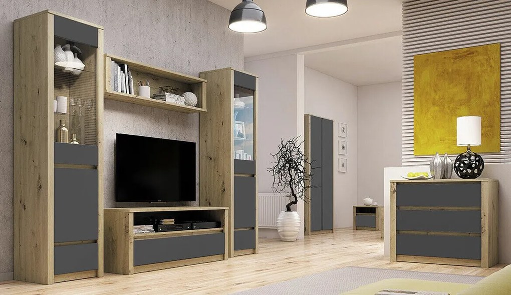 Camera de zi Parma C106Stejar Artisan, Gri, Cu componente suplimentare, Părți separate, PAL laminat, Sticlă, MDF, 196x53cm, 230 kg, Lemn: Pin