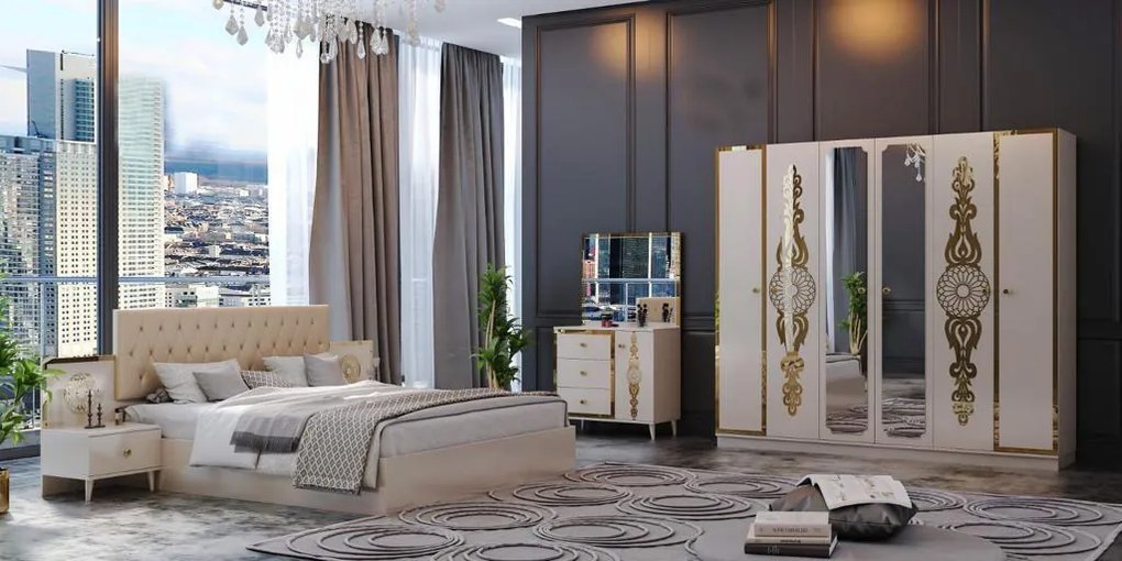 Dormitor Ayza, culoare bej / auriu, 160 x 200 cm
