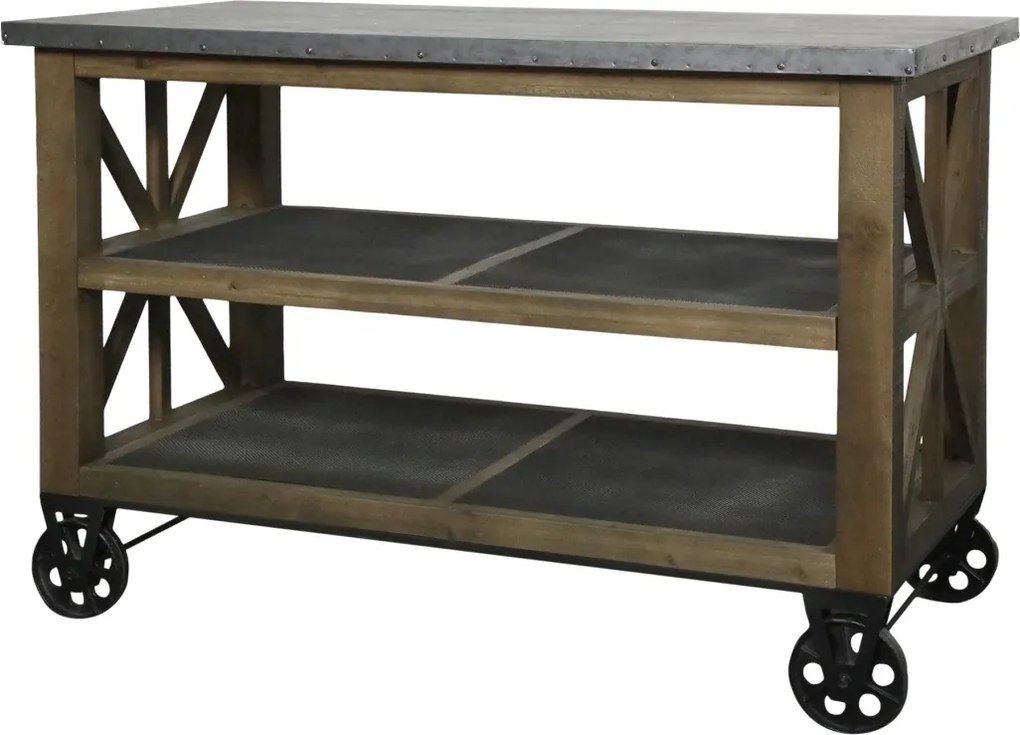 Insulă de bucătărie pe roți din lemn și metal, natur, cu blat din zinc și 2 rafturi, 90 x 120 x 59,5 cm
