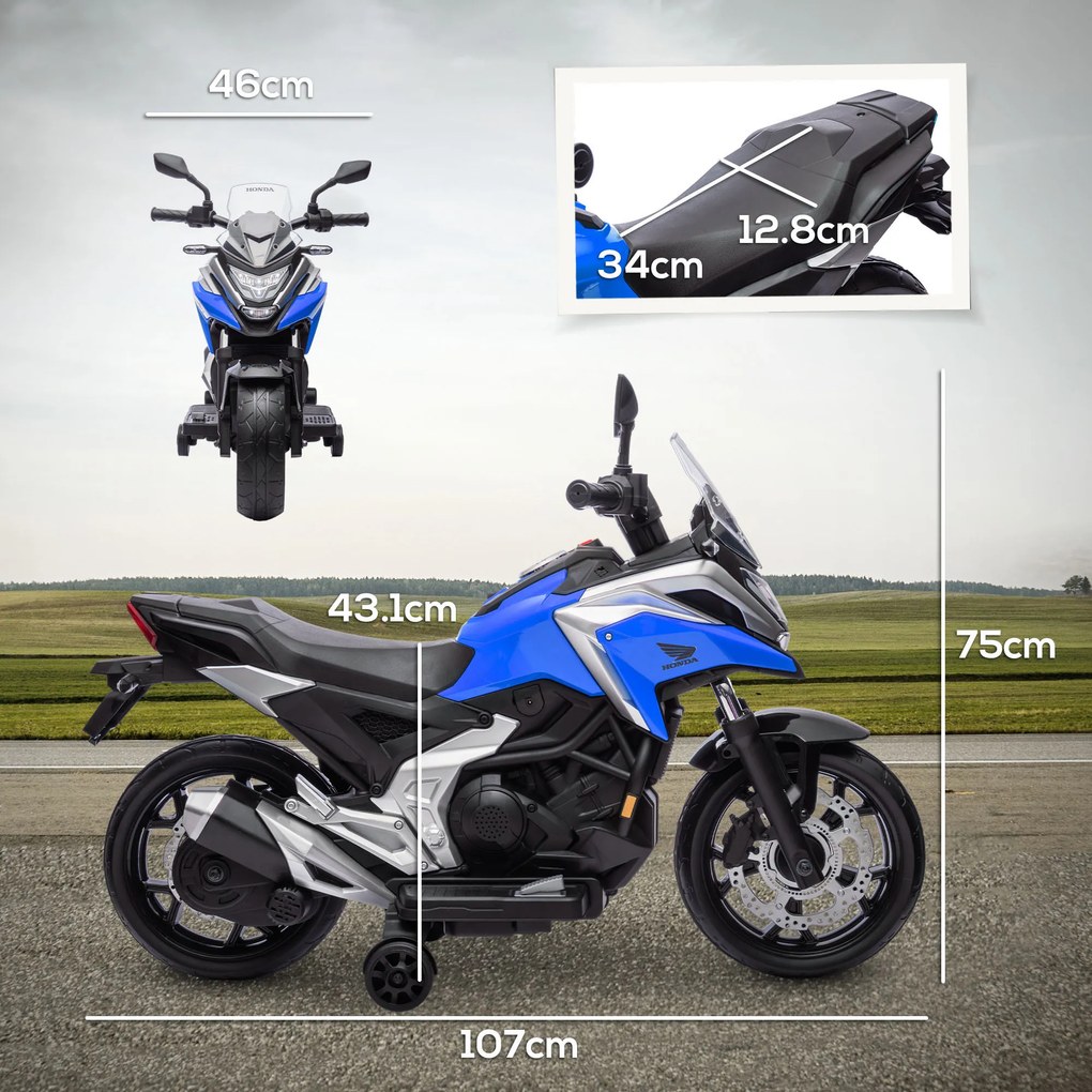 AIYAPLAY Motocicletă Electrică Copii, Licențiată Honda, Faruri Roți Antrenament, Albastră | Aosom Romania