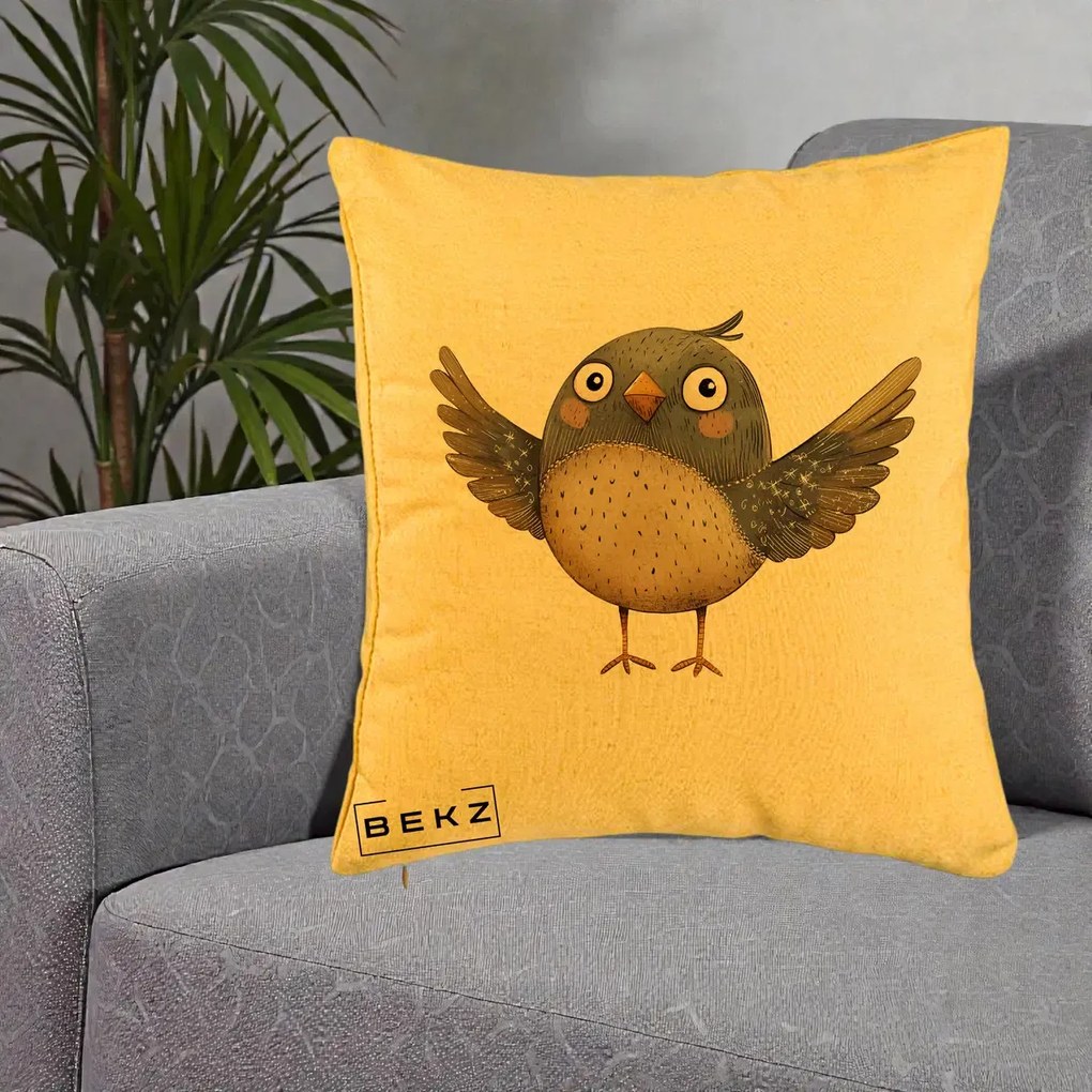 Perna Decorativa Pasare cu Aripi Intinse, 40x40 cm, Galben, Husa Detasabila, Perna Inclusa, BEKZ®