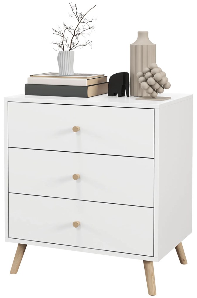 HOMCOM Comodă 3 sertare Design scandinav Mobilier de Depozitare Camera MDF Alb mânere picioare conice Lemn Masiv de pin | Aosom Romania