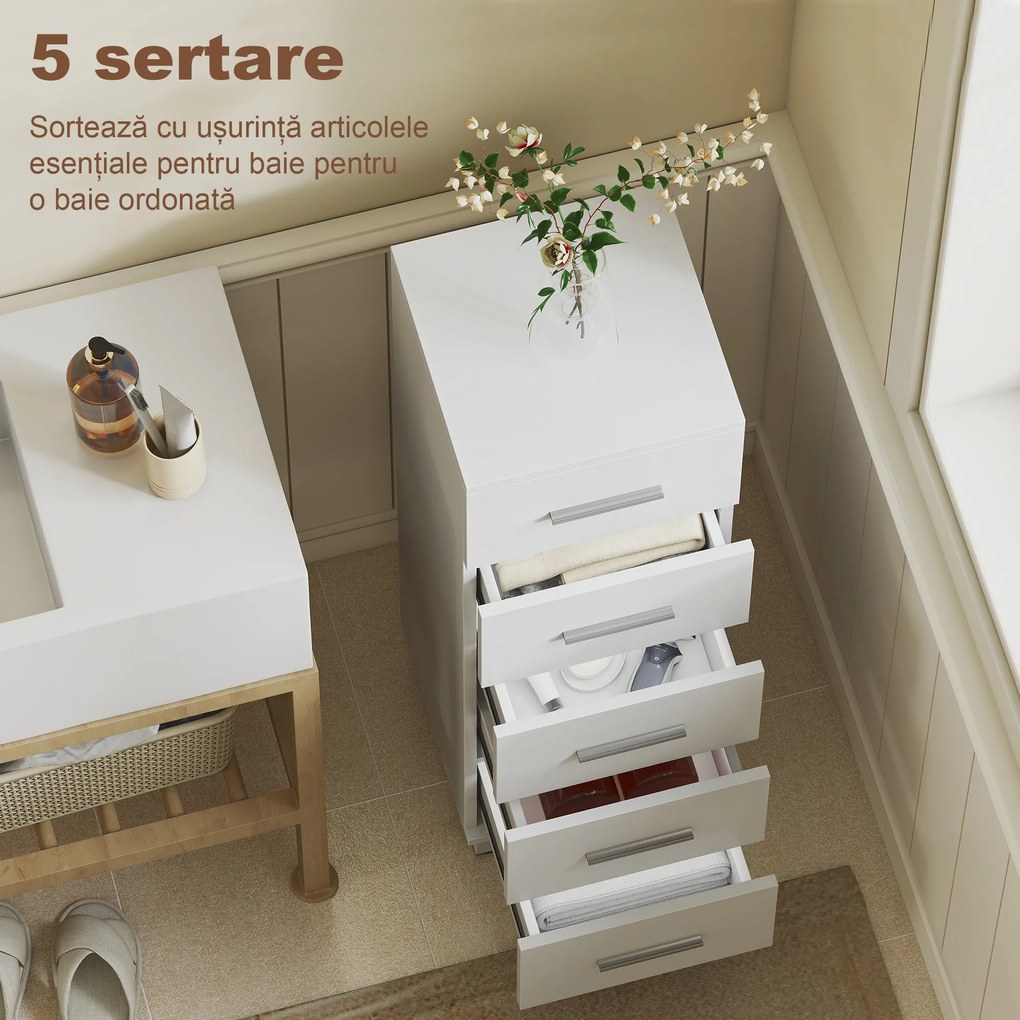 HOMCOM Comodă Slim cu 5 Sertare, Comodă Modernă pentru Baie, Dormitor sau Bucătărie, 30x30x95 cm, Alb | Aosom Romania