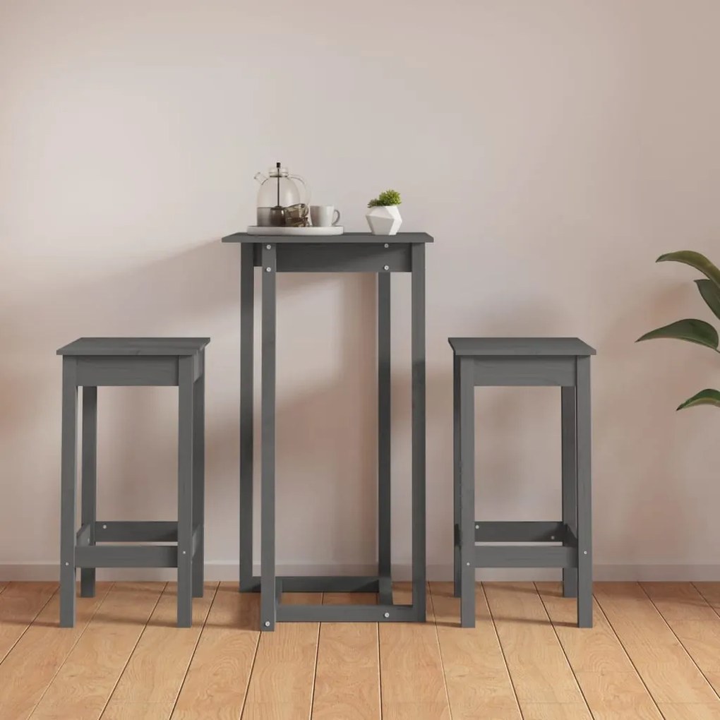 3124729 vidaXL Set mobilier de bar, 3 piese, gri, lemn masiv de pin