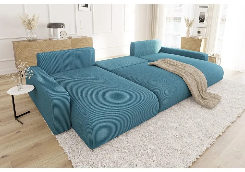 Colțar turcoaz extensibil, cu spațiu de depozitare, cu tapițerie din catifea reiată Sara – Ropez