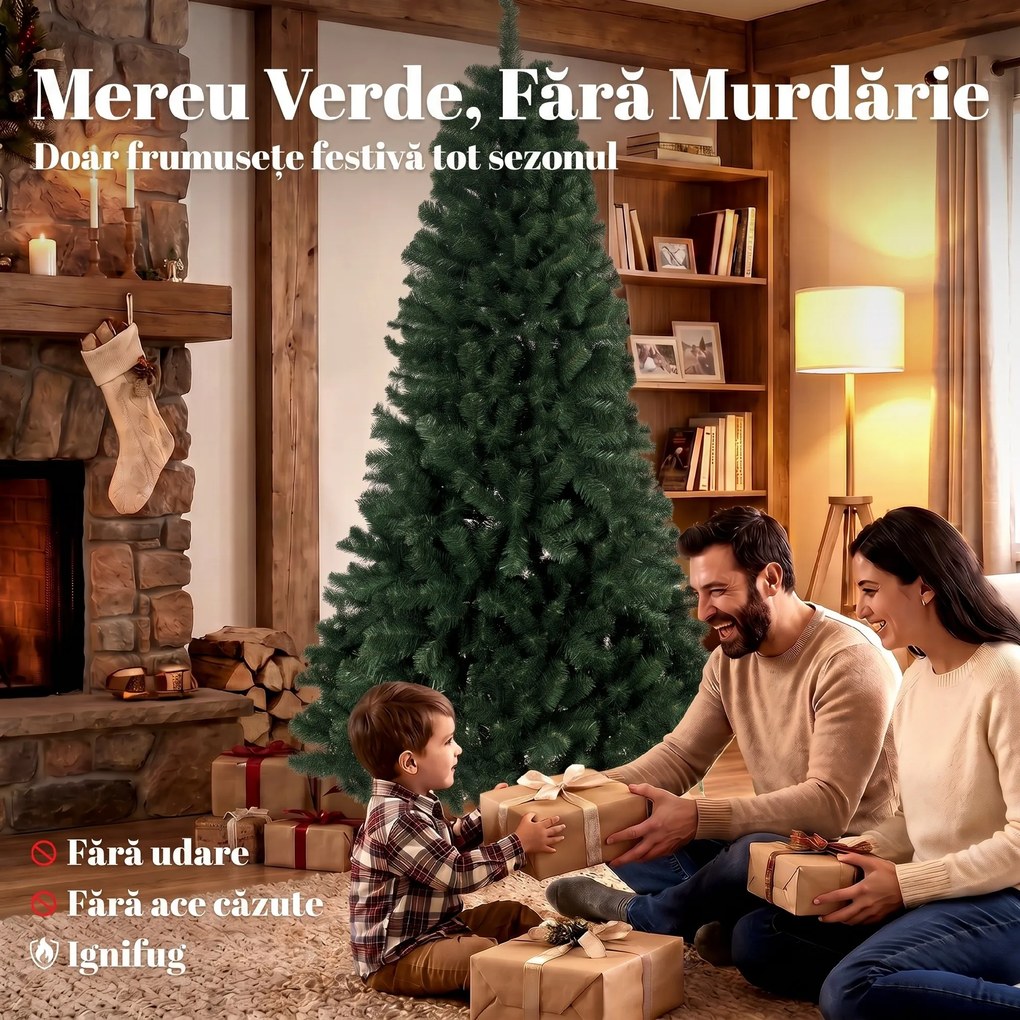 HOMCOM Brad de Crăciun Artificial 200 cm cu 1000 Ramuri și Bază Pliabilă, Verde | Aosom Romania