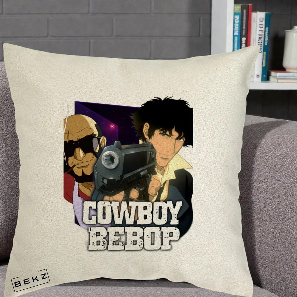 Perna Personalizata Cowboy Bebop Spike si Jet Poster, 40x40 cm, Ecru, Husa Detasabila, Perna Inclusa, BEKZ®