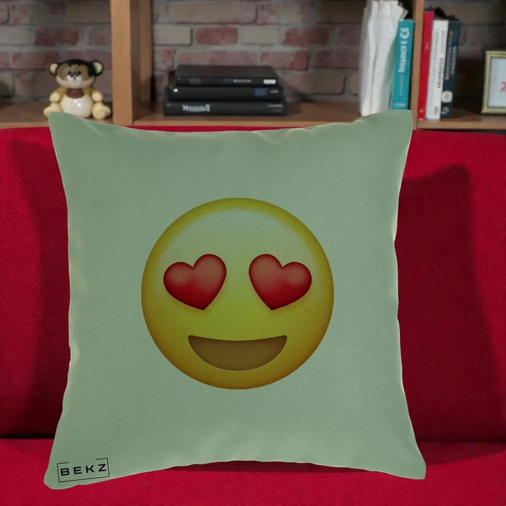 Perna Decorativa Emoji Inimi in Ochi, 40x40 cm, Verde, Husa Detasabila, Perna Inclusa, BEKZ®