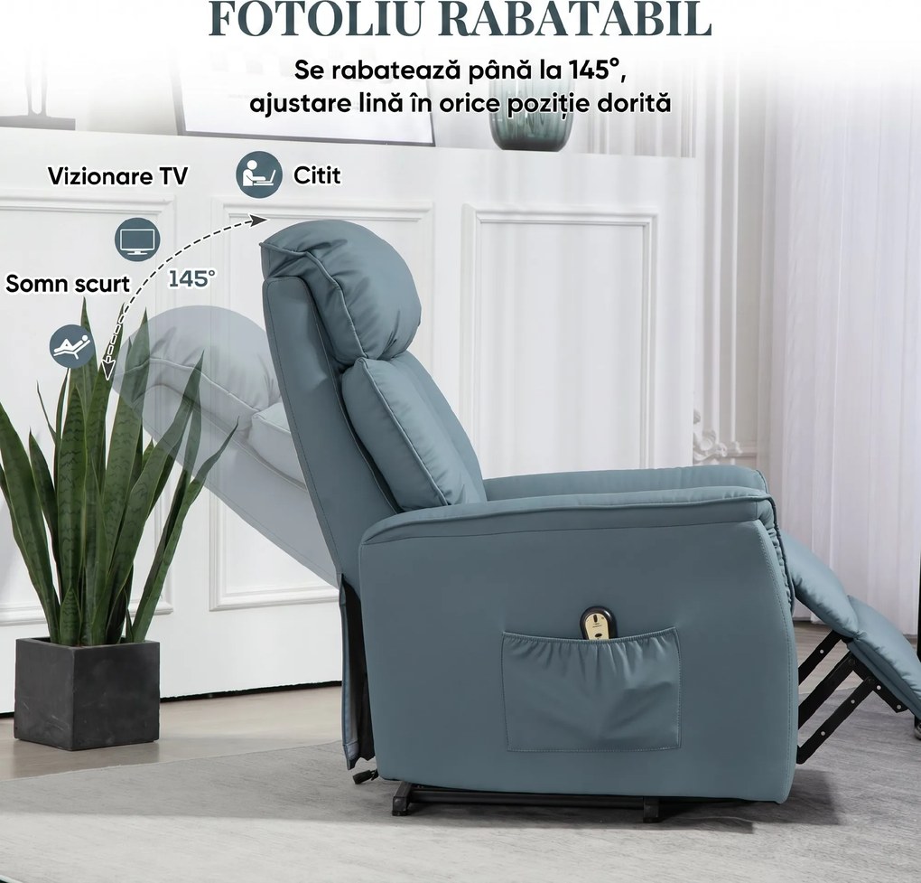 HOMCOM Fotoliu Electric cu Ridicare, Reglabil până la 145°, cu Telecomandă, 80x94x104 cm, Albastru Deschis | Aosom Romania
