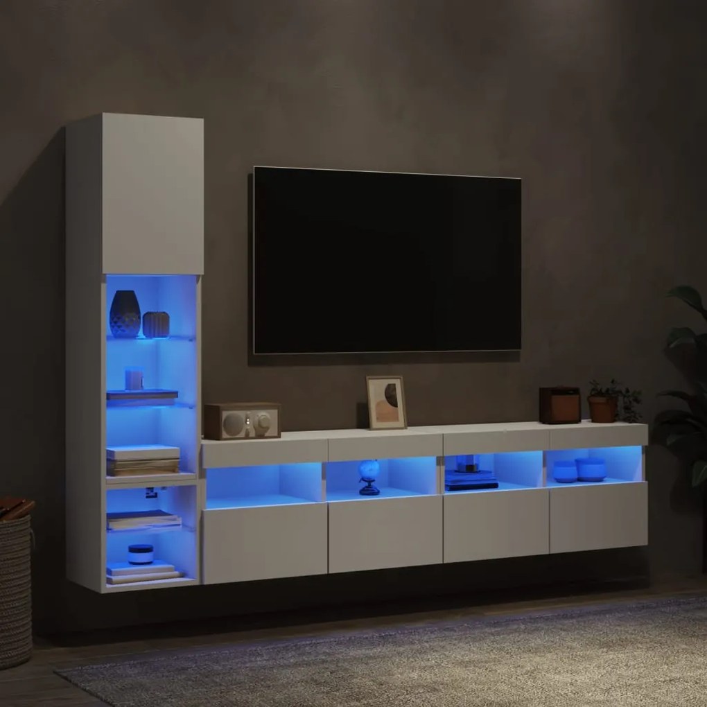 vidaXL Unități de perete TV cu LED-uri, 4 piese, alb, lemn prelucrat