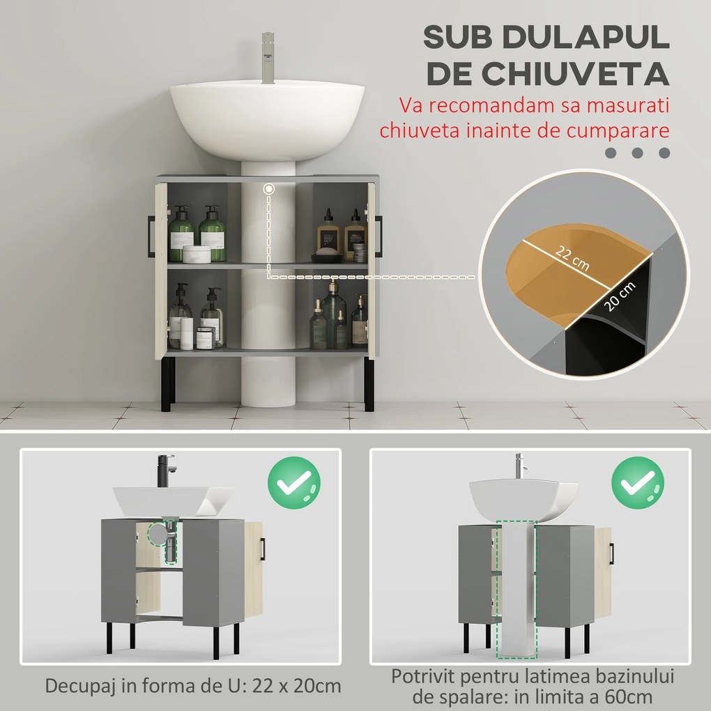 Dulap sub Chiuveta, Dulap pentru Chiuveta de Baie, Dulap de Depozitare pentru Chiuveta, 60 x 30 x 60 cm, Ton Natural kleankin | Aosom Romania