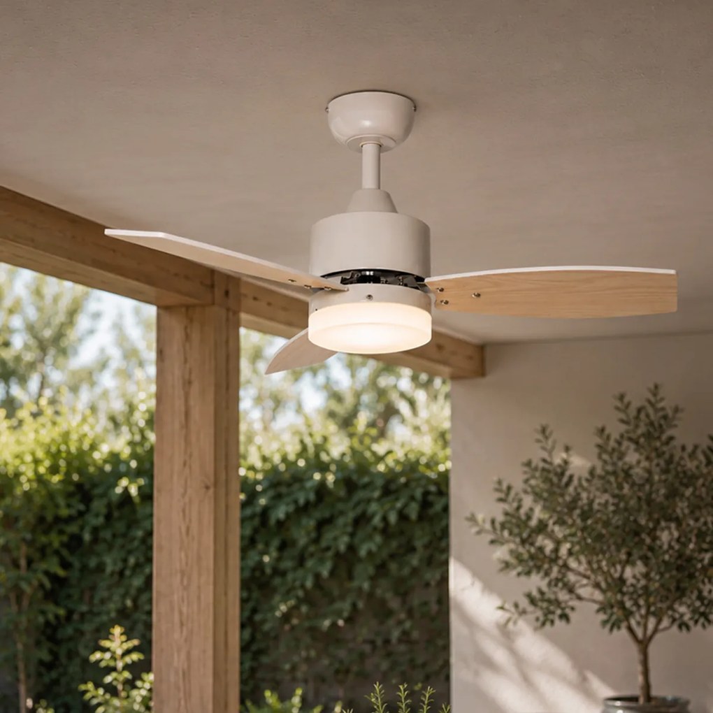 Ventilator de tavan de exterior alb cu aspect de lemn 91,3 cm, inclusiv LED reglabil cu telecomandă IP44 - Toledo