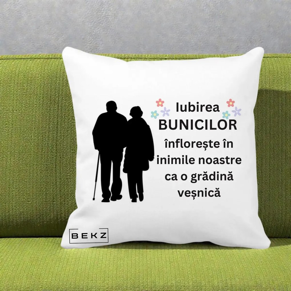 Cadou pentru Bunici - Perna Personalizata Bunicii Iubirea Infloreste Silueta Neagra Flori, 40x40 cm, Alba Mata, Husa Detasabila, Perna Inclusa, BEKZ®