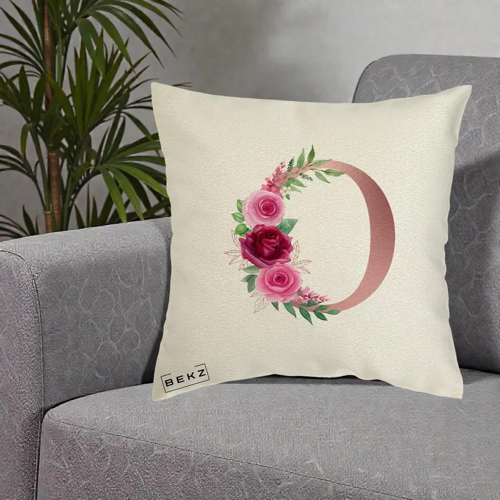 Cadou Personalizat - Perna Personalizata Monograma Rose Gold Litera O, 40x40 cm, Ecru, Husa Detasabila, Perna Inclusa, BEKZ®