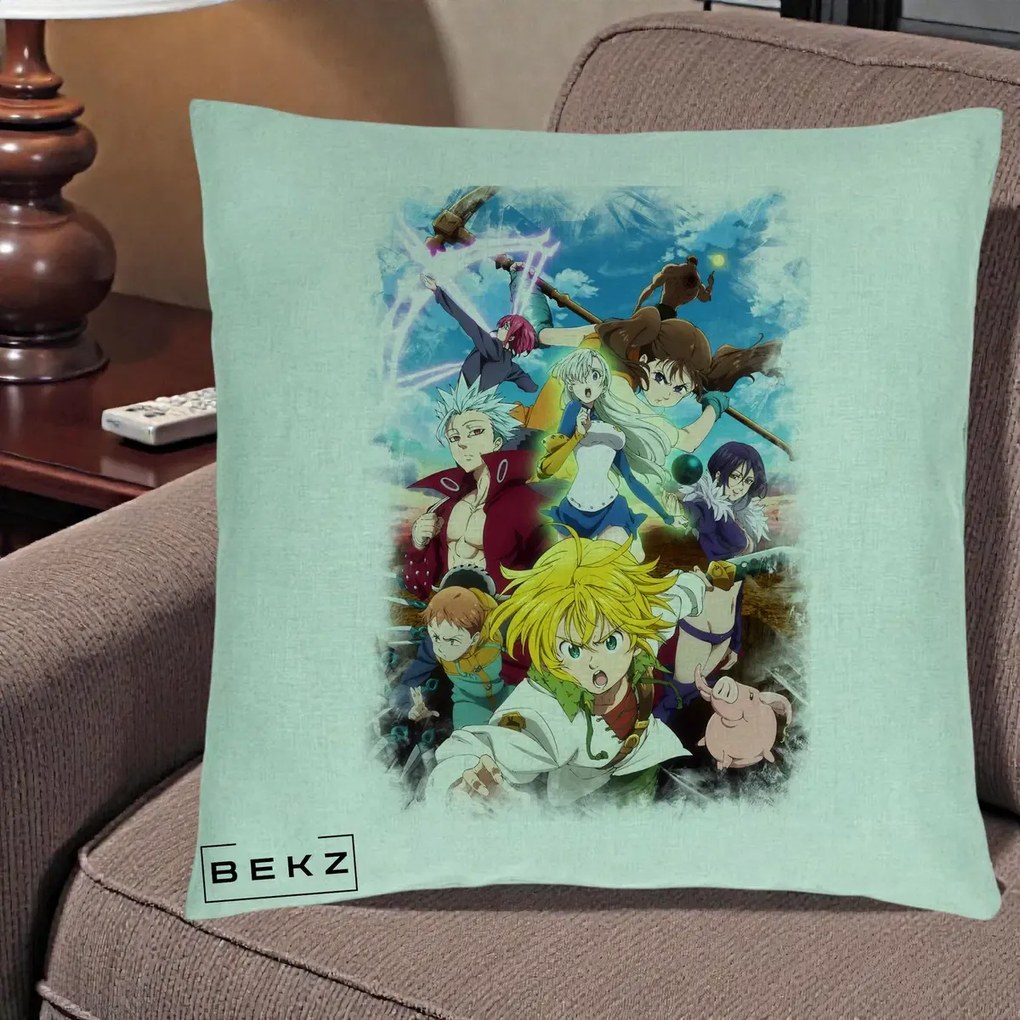 Perna Personalizata Nanatsu no Taizai Cele Sapte Pacate Mortale Anime, 40x40 cm, Verde Menta, Husa Detasabila, Perna Inclusa, BEKZ®