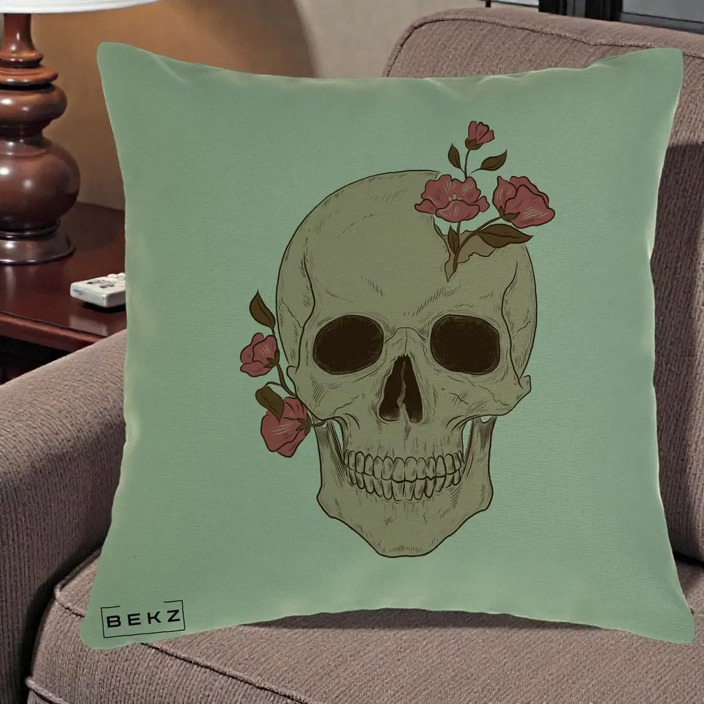 Perna Decorativa Craniu Floral Gothic, 40x40 cm, Verde, Husa Detasabila, Perna Inclusa, BEKZ®