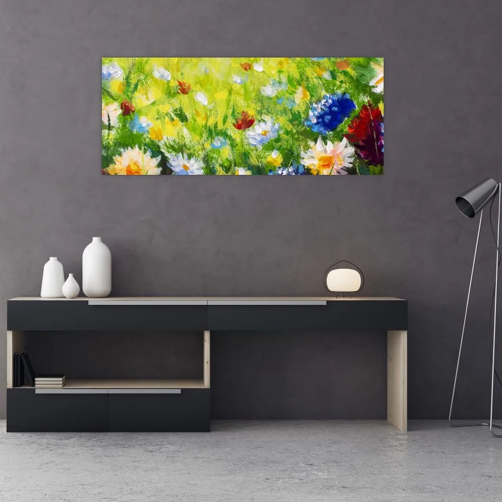 Tablou - Pictură în ulei, pajiște înflorită (120x50 cm)