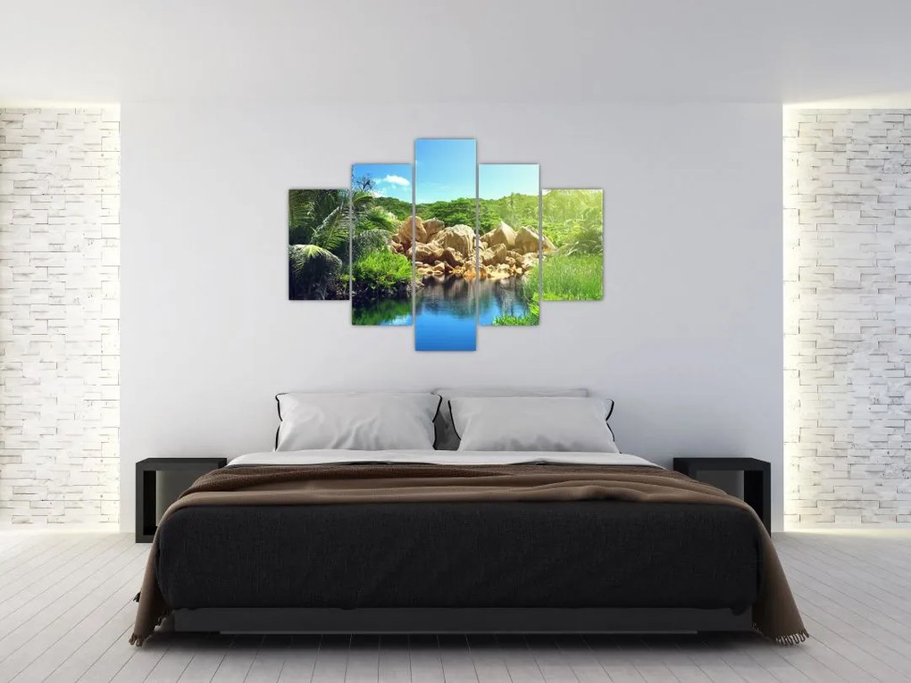 Tablou cu lac în jungla din Seychelles (150x105 cm)