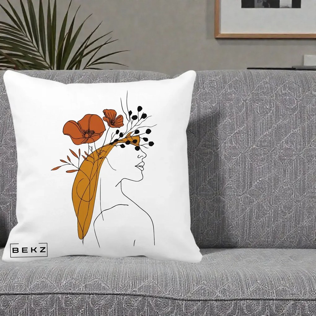 Perna Decorativa Portret Feminin Maci Rosii Auriu, 40x40 cm, Alba Mata, Husa Detasabila, Perna Inclusa, BEKZ®