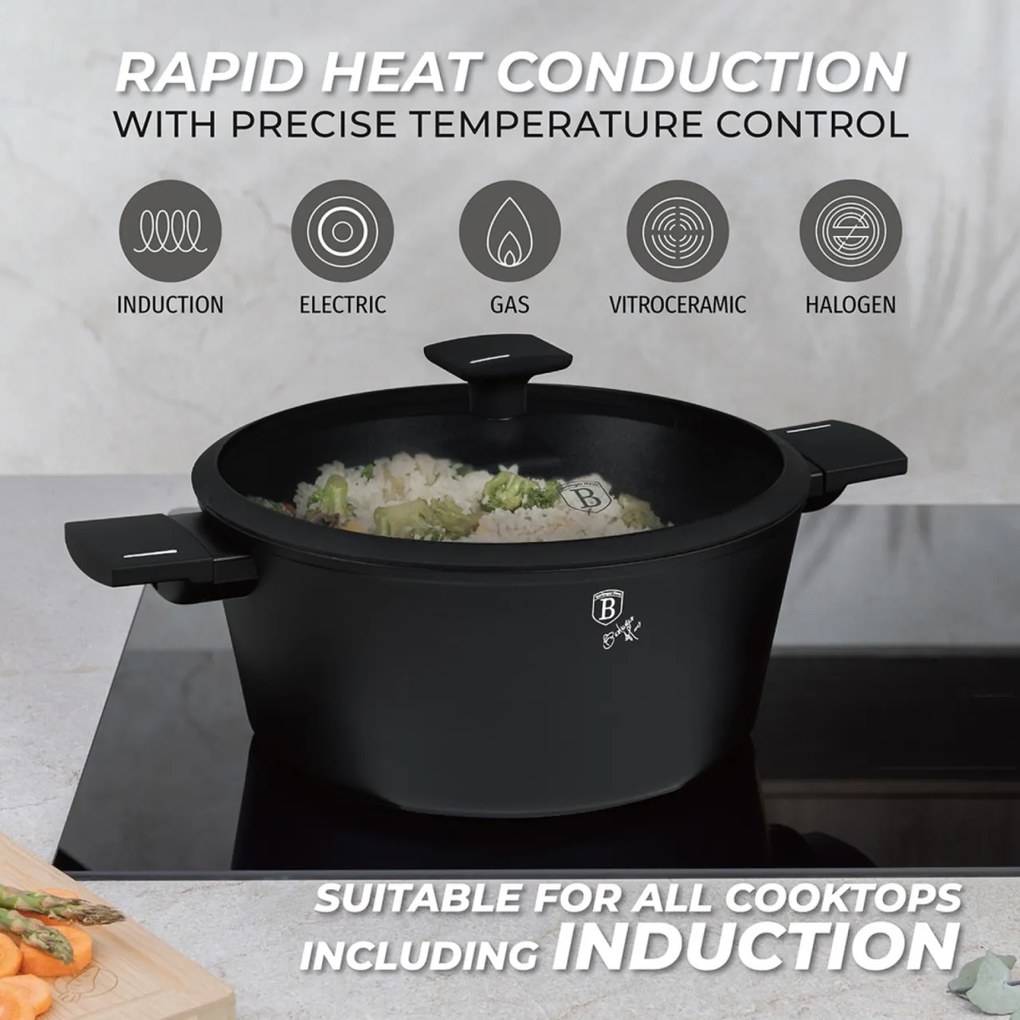 Set oale si tigai cu capace 15 Matte Black Piese Berlinger Haus BH 8198, negre, antiaderente, compatibile inductie