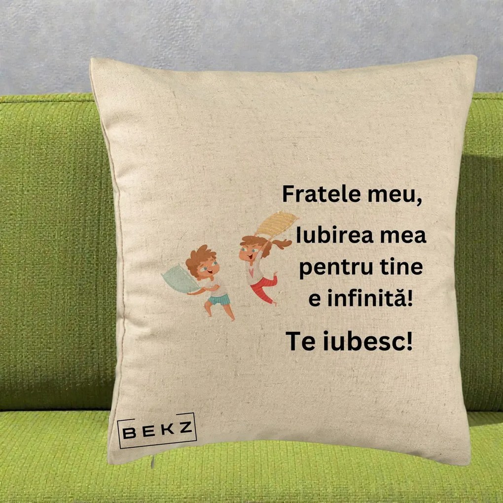 Cadou pentru Frate - Perna Personalizata Fratele Meu Te Iubesc Copii Batalie Perne, 40x40 cm, Bej, Husa Detasabila, Perna Inclusa, BEKZ®