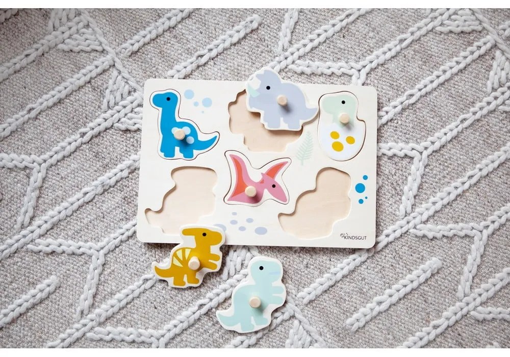Puzzle (număr de piese 6) de inserat din lemn Dinosaurs – Kindsgut