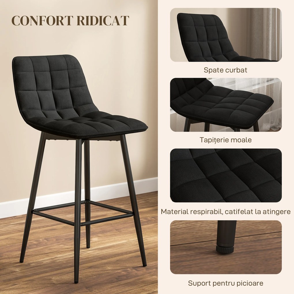 HOMCOM Set 2 Scaune cu Spătar și Suport pentru Picioare, Scaune cu Spătar din Material de Catifea, 45x47x84 cm, Negru | Aosom Romania