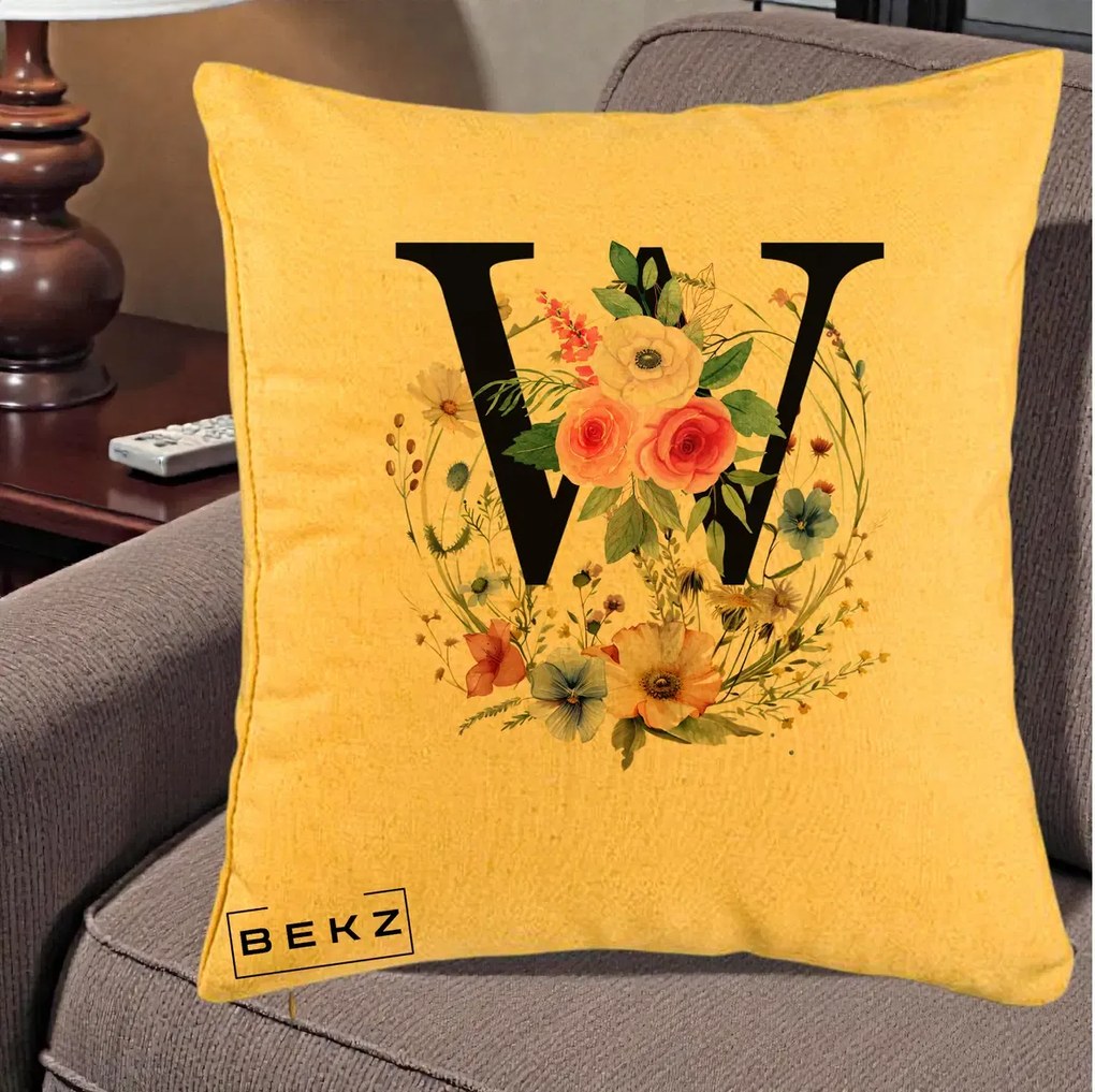 Cadou Personalizat - Perna Personalizata Monograma Florala Litera W, 40x40 cm, Galben, Husa Detasabila, Perna Inclusa, BEKZ®