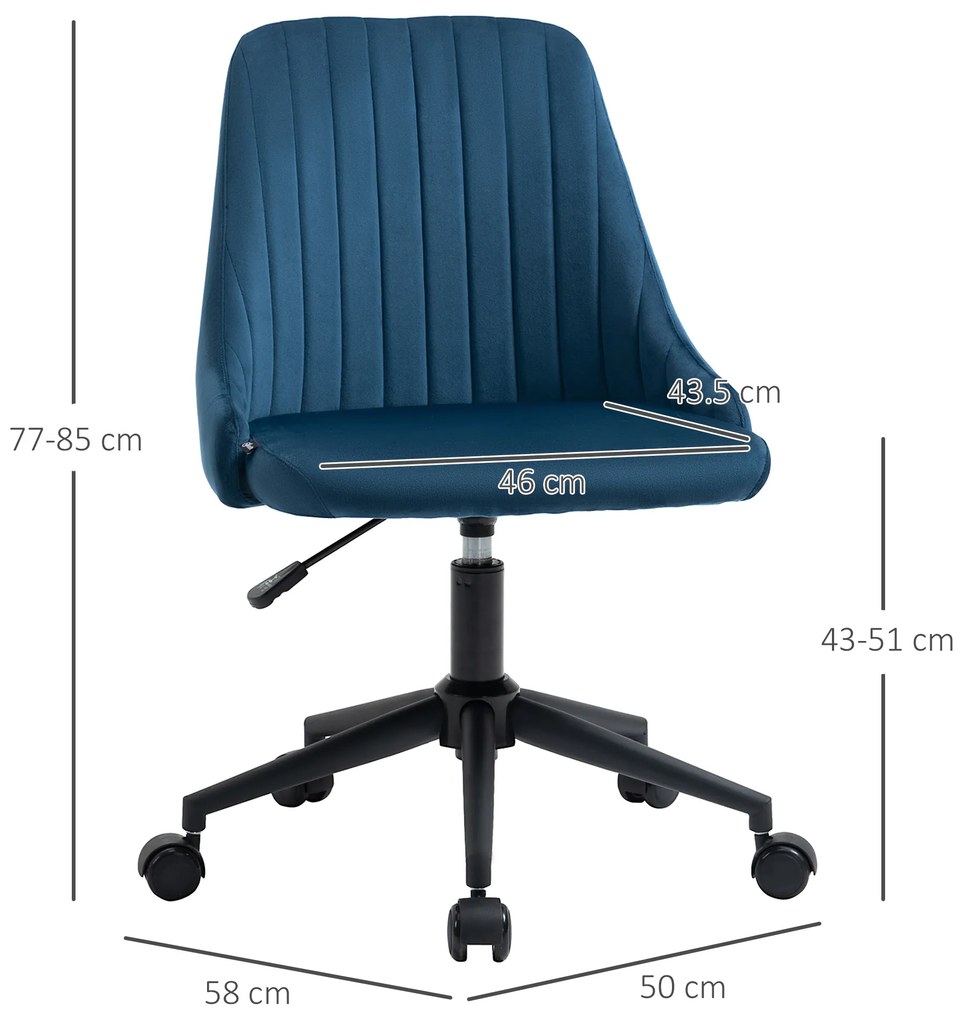 Vinsetto Scaun Birou Ergonomic, Pivotant 360°, Înălțime Ajustabilă, Catifea Albastră, 50x58x77-85cm | Aosom Romania