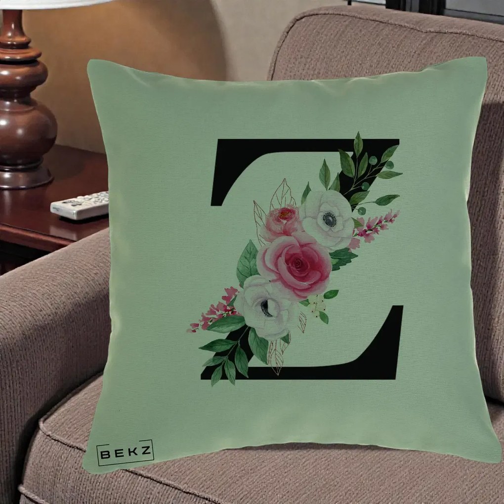 Cadou Personalizat - Perna Personalizata Monograma Florala Litera Z cu Buchet, 40x40 cm, Verde, Husa Detasabila, Perna Inclusa, BEKZ®