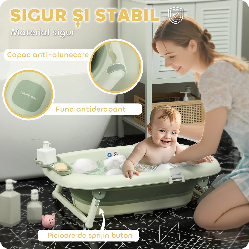 AIYAPLAY Cadă de Baie Pliabilă pentru Nou-Născuți 0-3 ani cu Pernă Rafturi și Fund Antiderapant, 86x53x25,5 cm, Verde | Aosom Romania