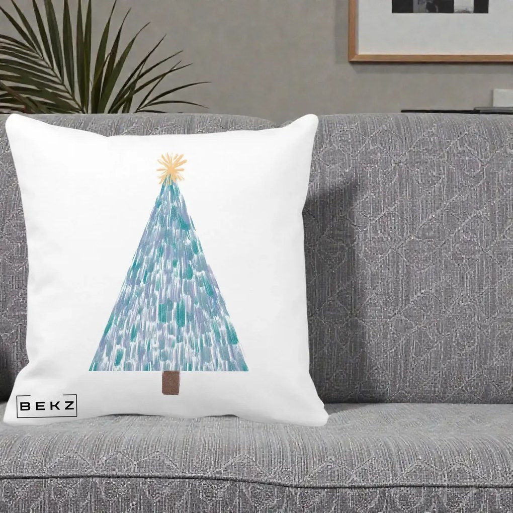 Perna Decorativa Brad de Craciun Acrilic Albastru, 40x40 cm, Alba Mata, Husa Detasabila, Perna Inclusa, BEKZ®