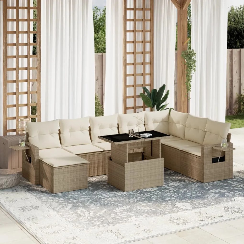 vidaXL Set canapele de grădină, 9 piese, cu perne, bej, poliratan