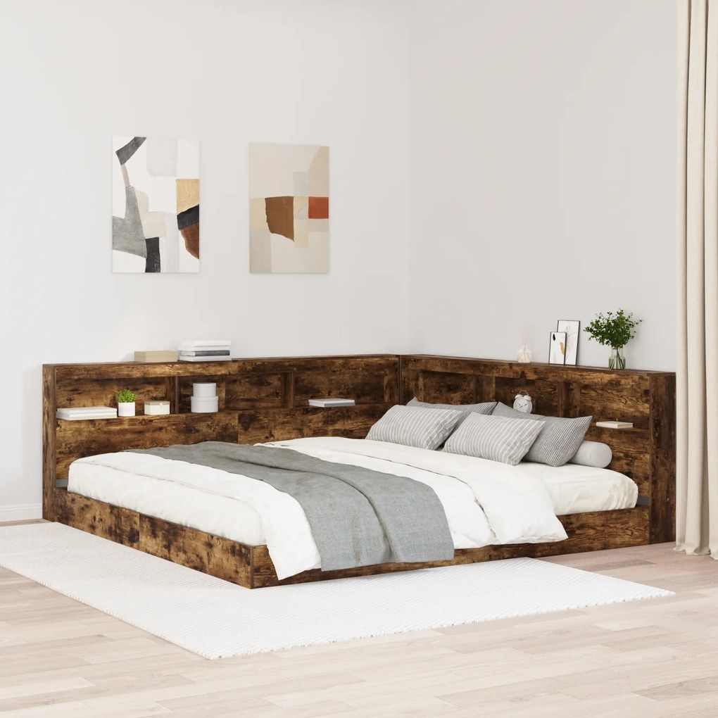 vidaXL Pat cu rafturi din stejar afumat, 180 x 200 cm, din lemn ingineresc.