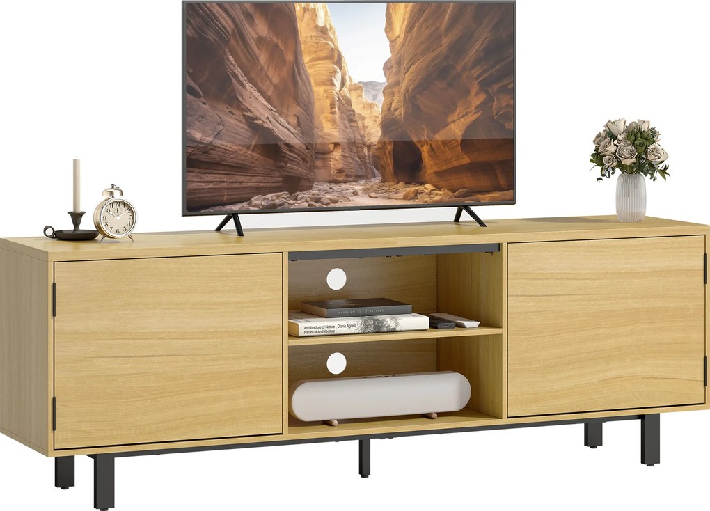 HOMCOM Comodă TV, mobilier TV până la 165 cm, 2 uși cu deschidere prin apăsare și 2 rafturi, 160x35x55,5cm, lemn natural | Aosom Romania